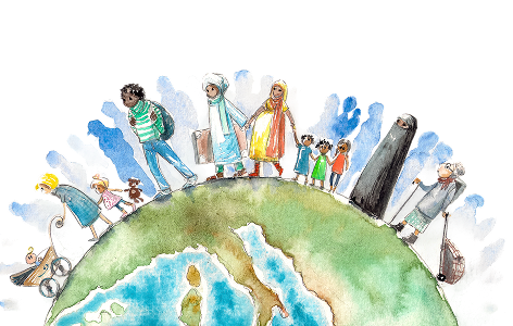 Watercolor illustration of people from around the world walking along the curve of the globe